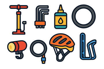 Essential cycling gear and maintenance tools including safety helmet, pump, and repair accessories