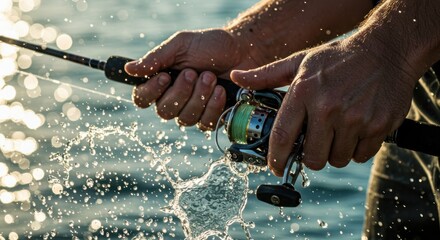 Close-up of a person's hands holding a fishing rod with water splashing around it.