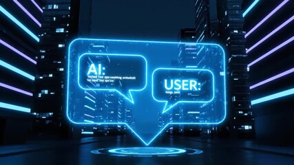 Futuristic digital communication showcases AI and user interaction in neon urban landscape, highlighting technology and innovation through glowing blue chat bubbles and vibrant atmosphere - Powered by Adobe