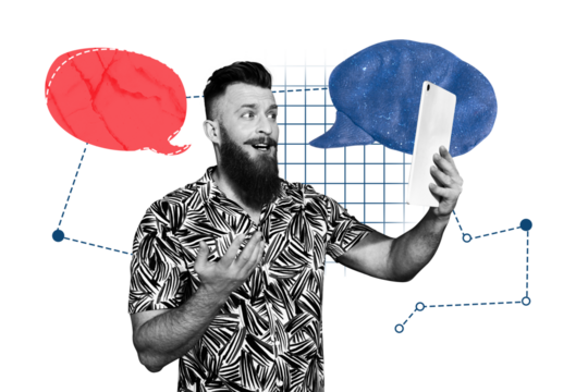 Poster trend sketch template 3D photo collage of young guy blogger broadcasting hand hold tablet speech cloud translation talk chatting