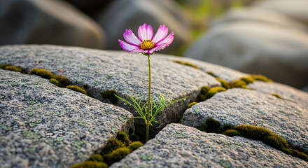 Single Flower Growing Through Cracked Stone, Symbol of Resilience and Liberation