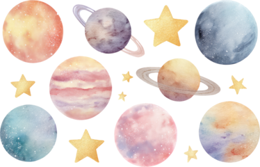 Cute watercolor planet and star illustration set for dreamy space theme