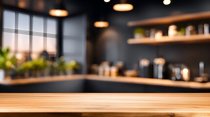 Modern kitchen interior with wooden countertop, ambient lighting, and lush plants in the background