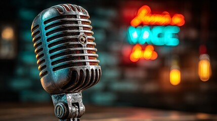 A Classic Vintage Microphone Surrounded by a Vibrant Brick Wall