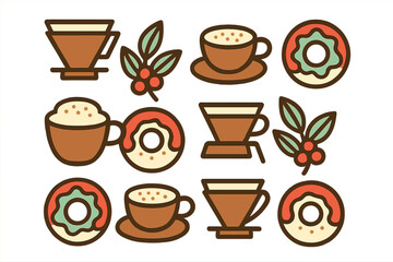 Fototapeta premium Retro flat design coffee shop elements including cups, filters, donuts, and coffee beans