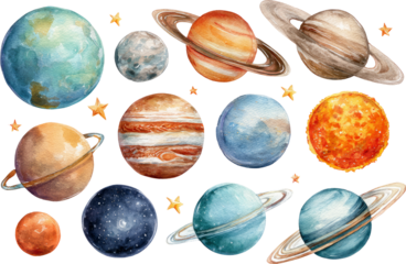 Creative watercolor illustration of solar system planets and stars in galaxy