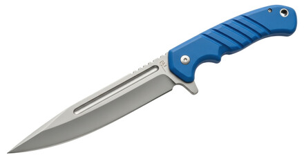 Isolated modern silver-blade knife with a blue ergonomic grip for secure handling, sharp