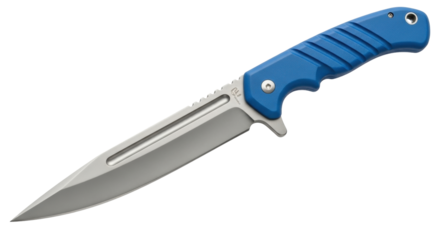 Isolated modern silver-blade knife with a blue ergonomic grip for secure handling, sharp