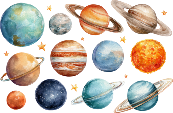 Creative watercolor illustration of solar system planets and stars in galaxy