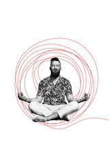 Vertical photo collage of serious man do yoga retreat asana buddhism om ritual harmony focus lifestyle isolated on painted background