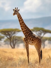 A majestic giraffe with a long neck and distinctive spots stands peacefully in the sun drenched African savannah dotted with acacia trees