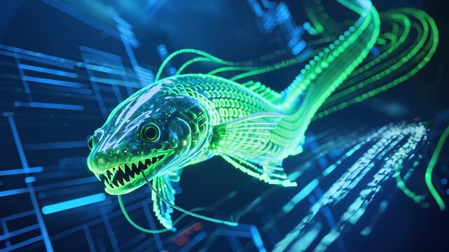 Holographic fish composed of binary code and digital pixels swimming through futuristic technological background. Glowing green and blue digital creature with pixelated binary texture.