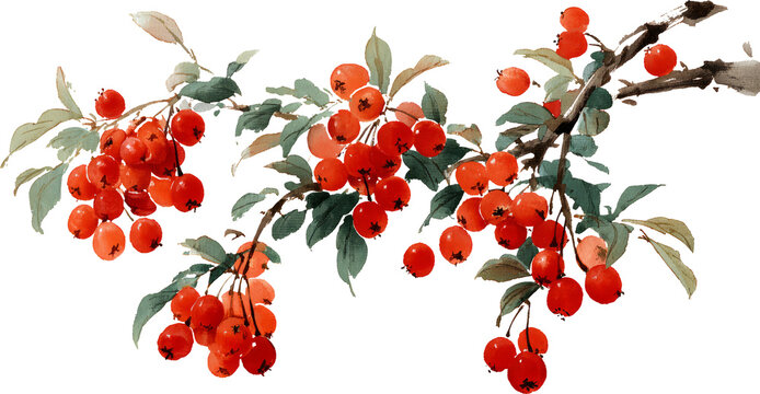 Vibrant red berry on branch illustration with green leaf botanical art - Powered by Adobe