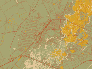 Flat painterly map of Novomoskovsk, Ukraine in muted sage base, rust-colored roads, and soft ochre highlights.