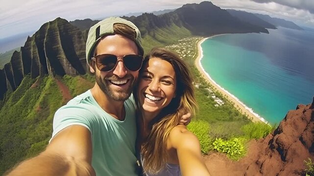 A man and woman taking a selfie against a backdrop of a mountainous landscape. The man is wearing a green cap and sunglasses, while the woman has blonde hair.