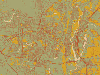 Decorative flat city map of Poltava, Ukraine using olive backdrop with warm rust street network and ochre blocks.