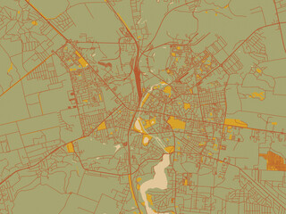 Decorative flat city map of Rivne, Ukraine using earthy sage background with rust roadways and ochre details.