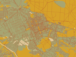 Modern flat map poster of Sievierodonetsk, Ukraine in earthy sage background with rust roadways and ochre details.