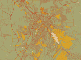Modern flat map poster of Simferopol, Ukraine in earthy sage background with rust roadways and ochre details.