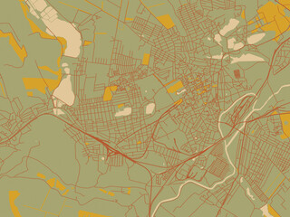 Vector-style flat map of Sloviansk, Ukraine with sage green ground with rust-red roads and ochre accents.