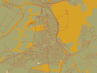 Minimalist flat city map of Snizhne, Ukraine with earthy sage background with rust roadways and ochre details.