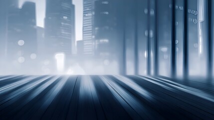 Serene urban landscape with a foggy atmosphere, featuring a wooden floor and skyscrapers in the background