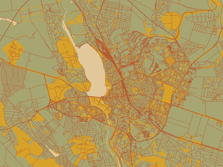 Obraz premium Graphic flat color map of Ternopil, Ukraine in earthy sage background with rust roadways and ochre details.