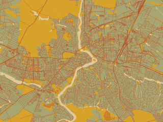 Stylized minimalist map of Vinnytsya, Ukraine in sage green ground with rust-red roads and ochre accents.
