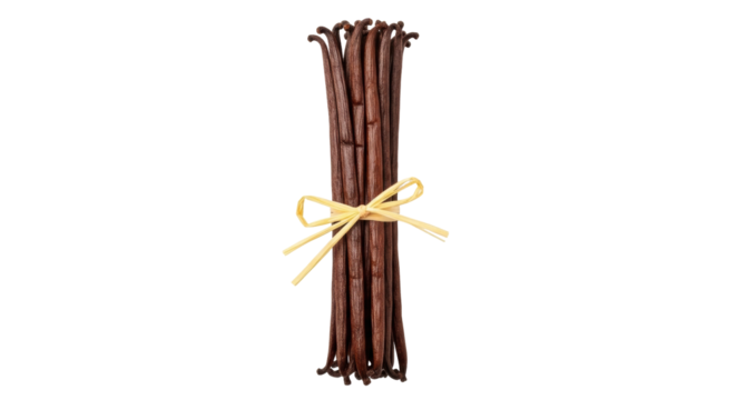 Isolated bundle of aromatic vanilla beans tied with raffia, gourmet spice flavor enhancer