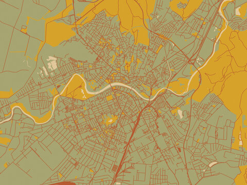 Graphic flat color map of Uzhgorod, Ukraine in sage/olive tone field with rust networks and ochre shapes, cream water.
