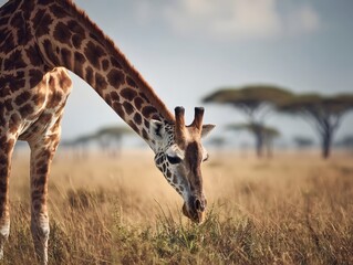 A tall giraffe with distinctive spots grazes peacefully in the vast African savannah landscape surrounded by scattered acacia trees under the bright