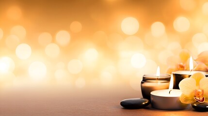 Tranquil spa scene featuring lit candles and smooth stones, with a soft bokeh background creating a serene atmosphere