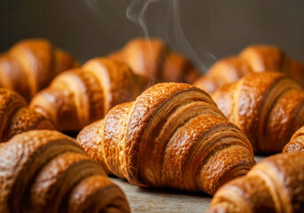 Stunning High-Quality Close-up of Delicious Croissants, Fresh from the Oven, Steaming Warm, with Beautiful Selective Focus, Professional Food Photography