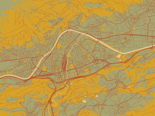 Modern flat map poster of Innsbruck, Austria in muted sage base, rust-colored roads, and soft ochre highlights.
