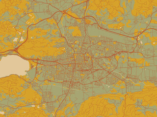Poster-ready flat map of Klagenfurt, Austria, olive backdrop with warm rust street network and ochre blocks.