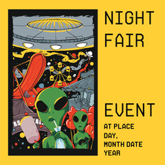 County fair night fun festival event creative illustration with strange alien visit with UFO for enjoying rides and snack. Outer space theme for printing poster, banner, t-shirt, and merchandise