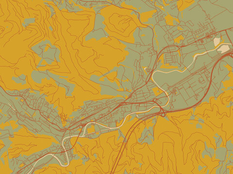 Flat painterly map of Kapfenberg, Austria in earthy sage background with rust roadways and ochre details.
