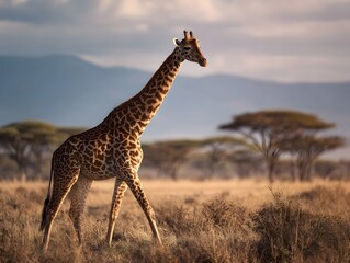 A tall giraffe with distinctive spots and a long neck gracefully grazes in the vast open savannah dotted with acacia trees under a clear sky