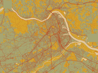 Obraz premium Decorative flat city map of Linz, Austria using sage green ground with rust-red roads and ochre accents.