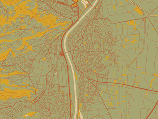Stylized minimalist map of Lustenau, Austria in sage/olive tone field with rust networks and ochre shapes, cream water.