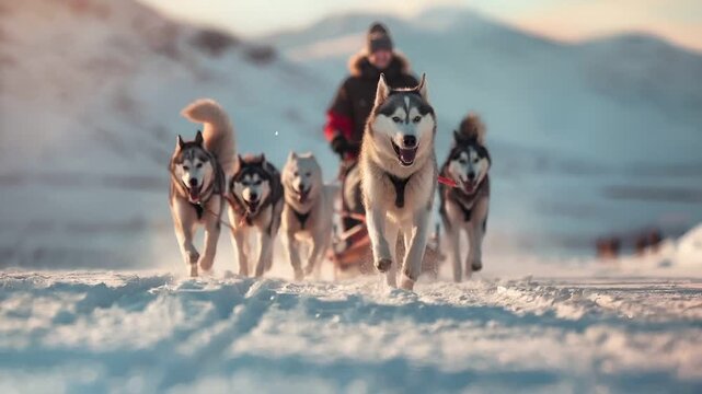 A person is seen walking with a husky dog on a sled through a snowy landscape. The person is wearing a winter coat and a beanie, and the huskies are harnessed to the sled.