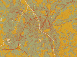 Decorative flat city map of Salzburg, Austria using olive backdrop with warm rust street network and ochre blocks.