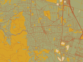 Flat painterly map of Modling, Austria in sage/olive tone field with rust networks and ochre shapes, cream water.