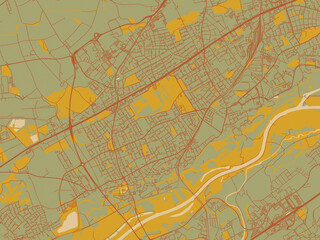 Obraz premium Minimalist flat city map of Traun, Austria with olive backdrop with warm rust street network and ochre blocks.
