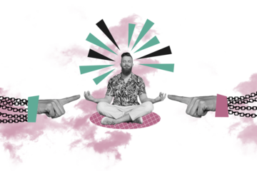 Composite collage picture image of young man meditate finger point focused billboard comics zine minimal