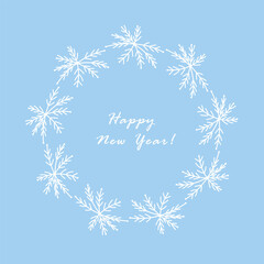 A round winter Christmas frame with hand-drawn snowflakes on a blue background. The frame features winter holiday elements. The inscription "Happy New Year" appears in the center of the frame