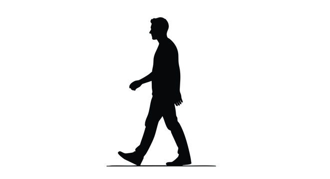 Silhouette of a man walking from left to right against a white background.