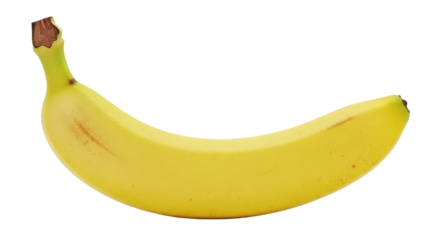Isolated ripe yellow banana with slight browning at the stem, ready to eat healthy snack