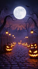 An ominous Halloween night scene with a cobblestone path lined with glowing jack-o'-lanterns leading to a haunted castle beneath a bright full moon