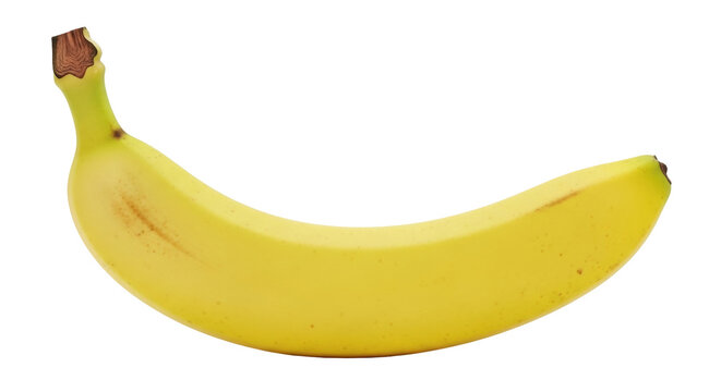 Isolated ripe yellow banana with slight browning at the stem, ready to eat healthy snack